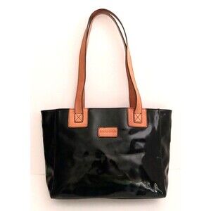 VTG Brahmin Blk Patent Small Tote Saddle Brown Leather Straps 14X9